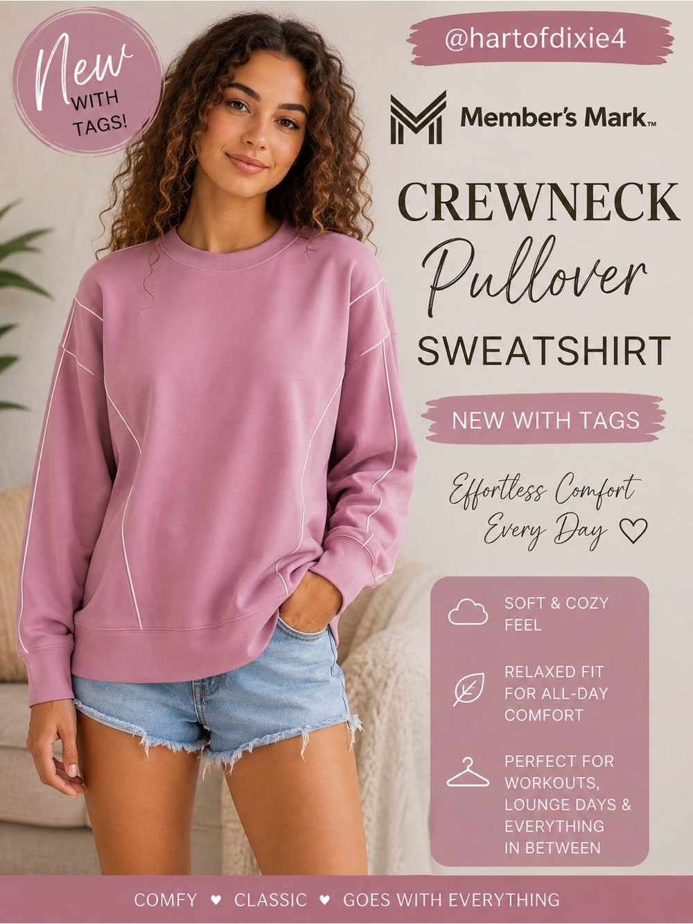 Members Mark Women's Crewneck Pullover Sweatshirt - Mauve Pink NWT